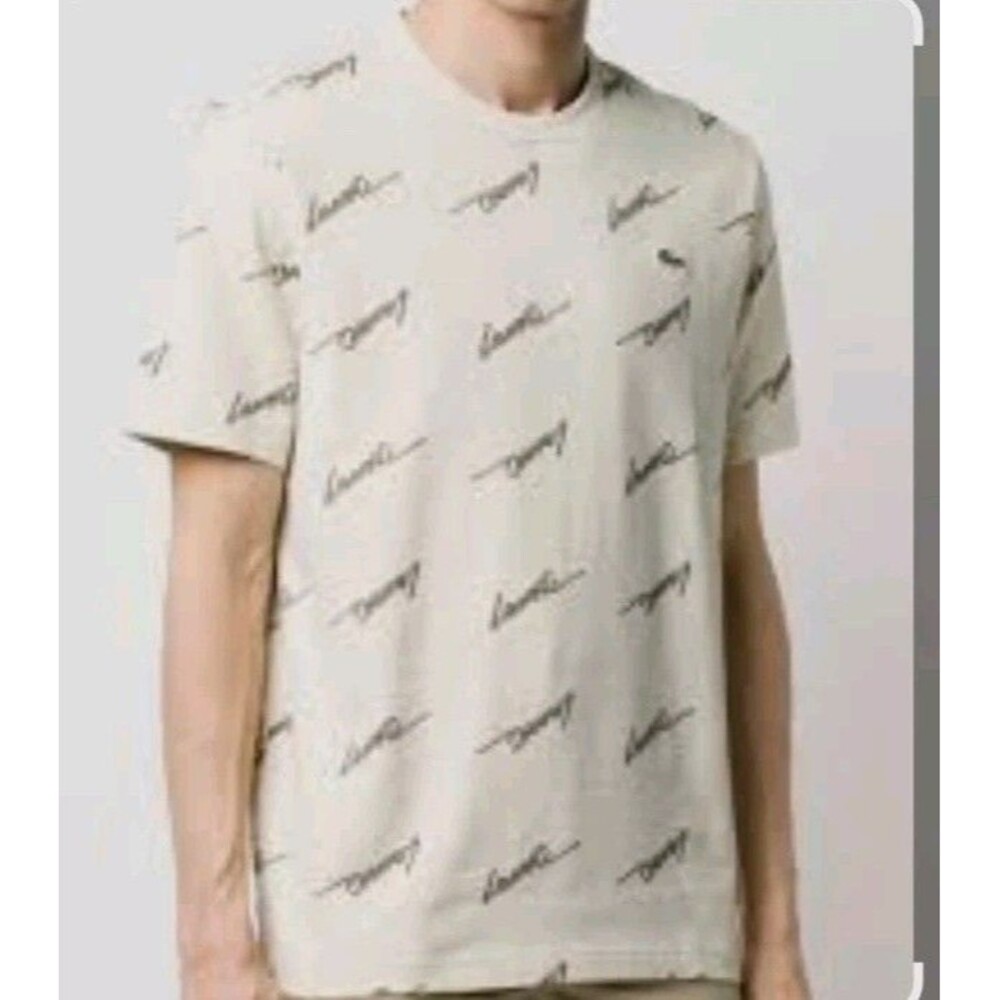 Lacoste Live All Over Logo Print T Shirt Size L Crewneck Beige